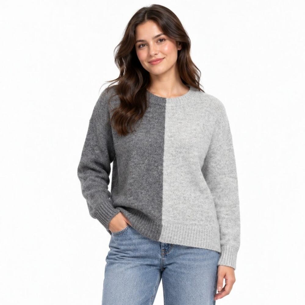 Pinch Pullover Sweater Women's S Gray Colorblock Oversized Cozy Knit Ribbed Hem